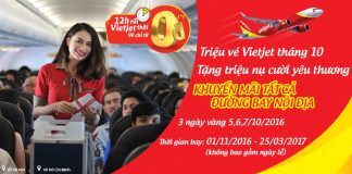 Vietjet Air KM triệu vé 0 đồng bay nội địa tháng 10