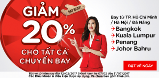 Air Asia KM giảm 20% giá vé tất cả các chuyến bay