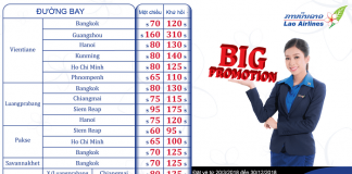 Đồng hành cùng Lao Airlines hành trình bay châu Á, vé một chiều từ 65 USD tiết kiệm Chương trình khuyến mại của Lao Airlines