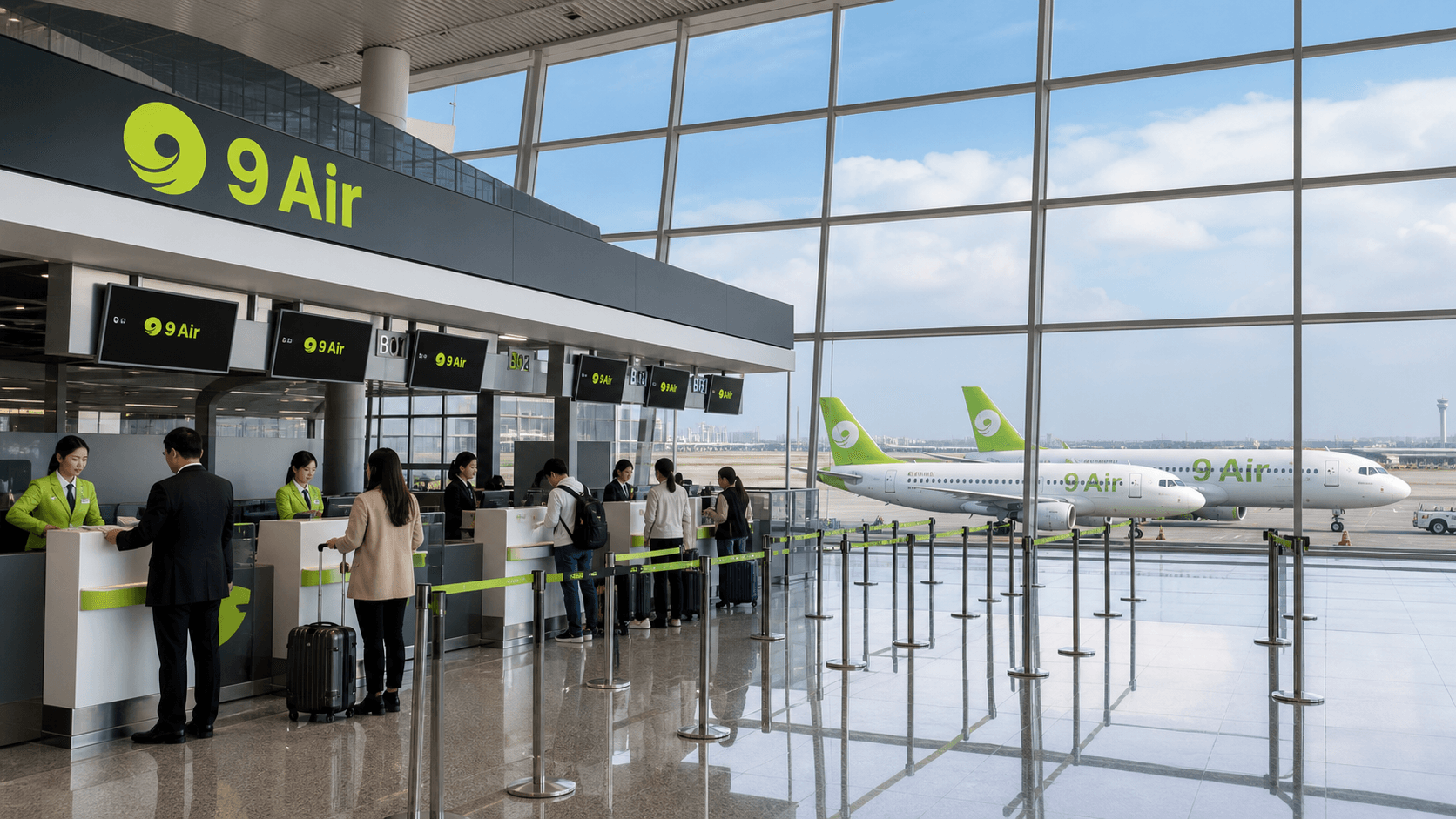 Quầy làm thủ tục và máy bay tại sân bay quốc tế