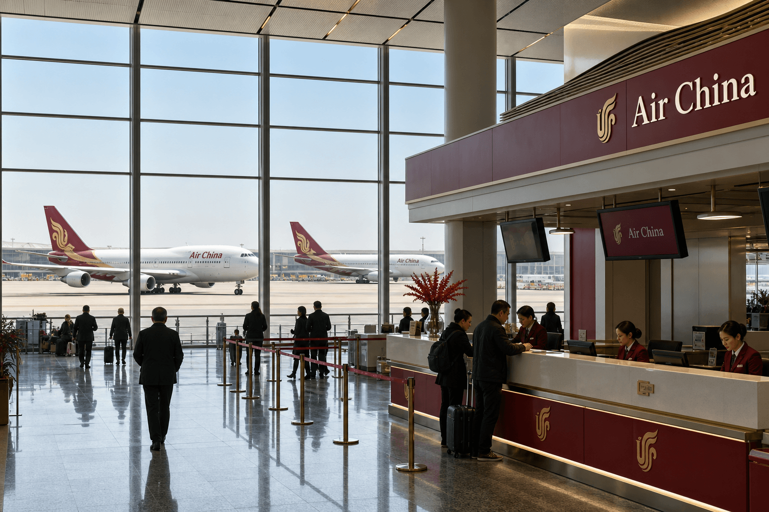 Quầy làm thủ tục và máy bay tại sân bay quốc tế