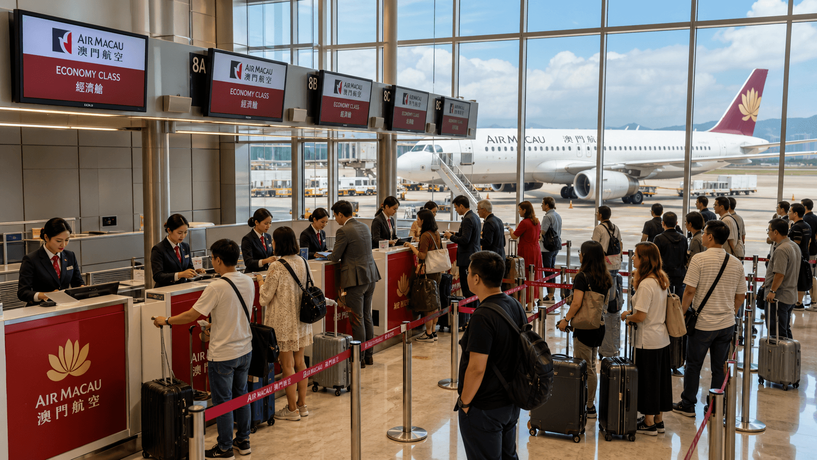 Quầy làm thủ tục và máy bay tại sân bay quốc tế