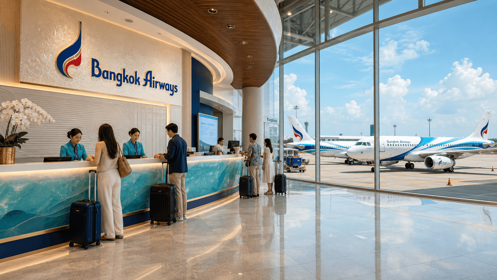 Quầy làm thủ tục và máy bay tại sân bay quốc tế
