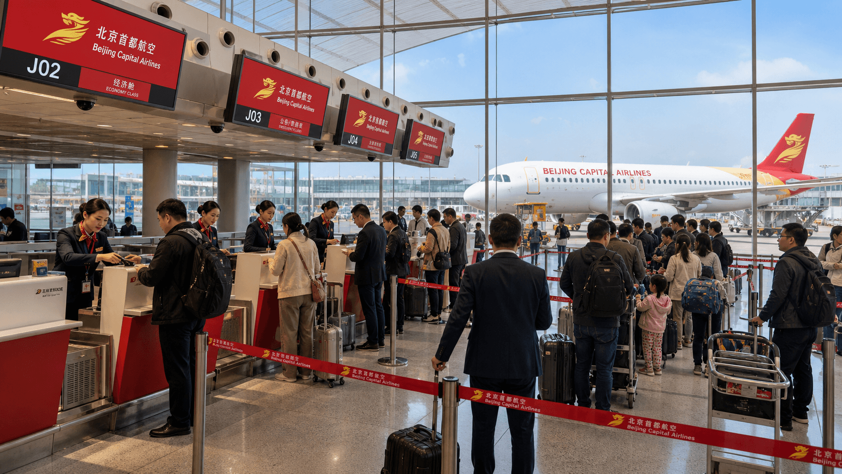 Quầy làm thủ tục và máy bay tại sân bay quốc tế