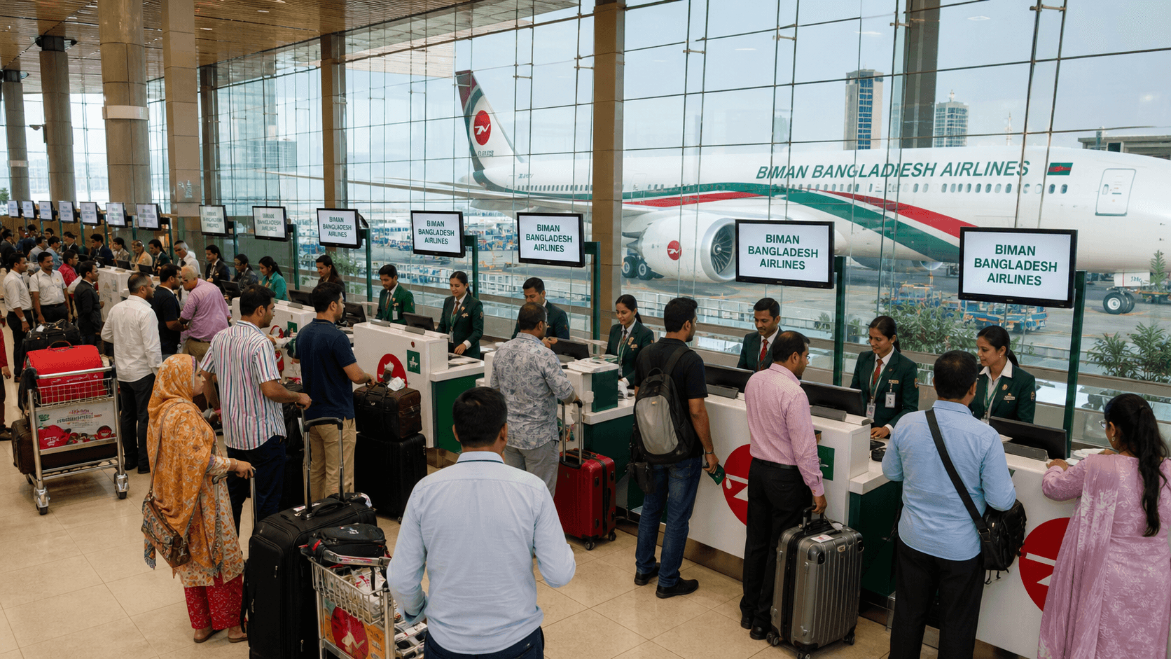 Quầy làm thủ tục và máy bay tại sân bay quốc tế