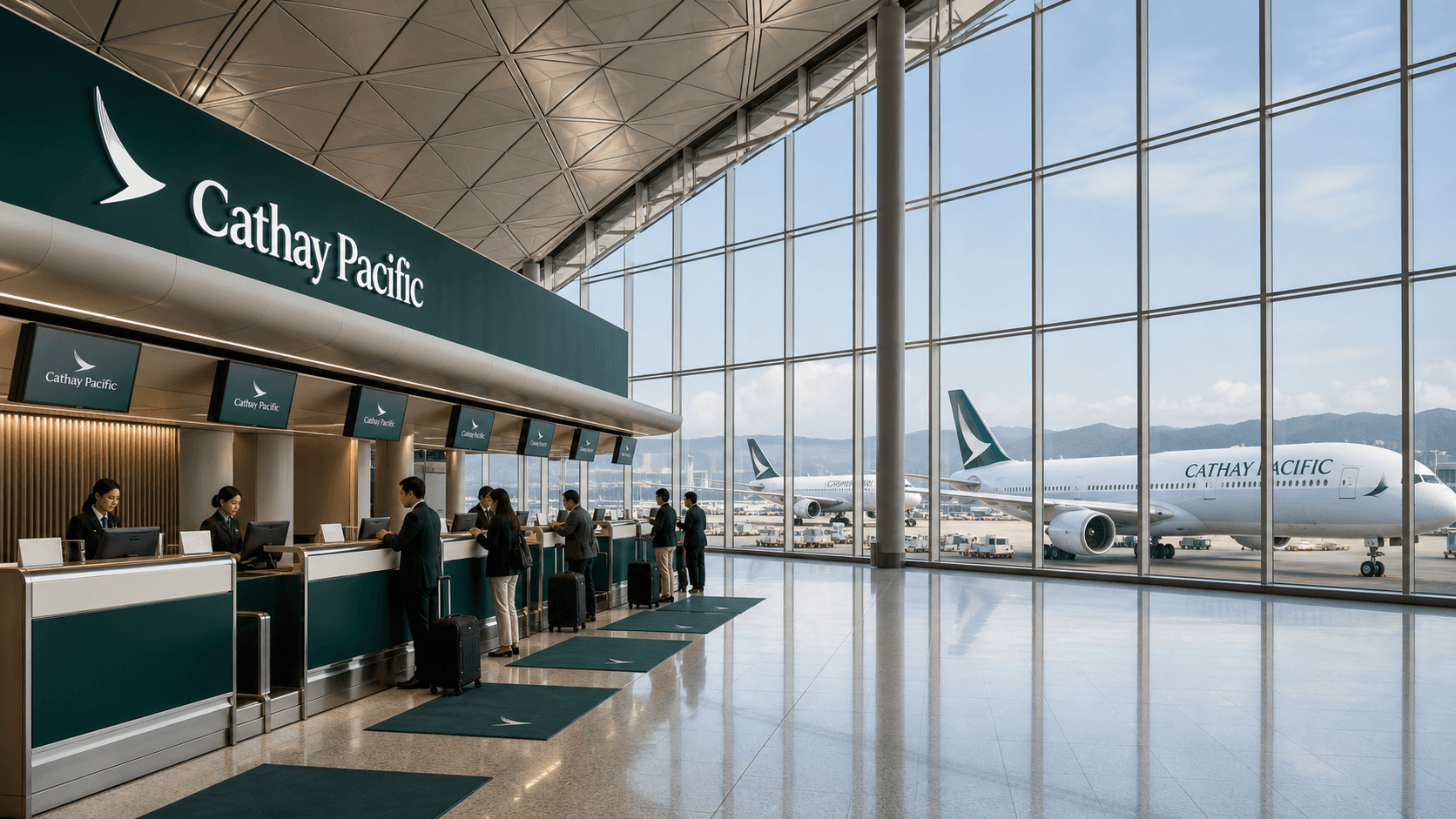 Quầy làm thủ tục và máy bay tại sân bay quốc tế