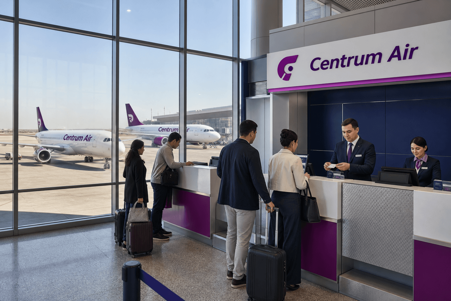 Quầy làm thủ tục và máy bay tại sân bay quốc tế
