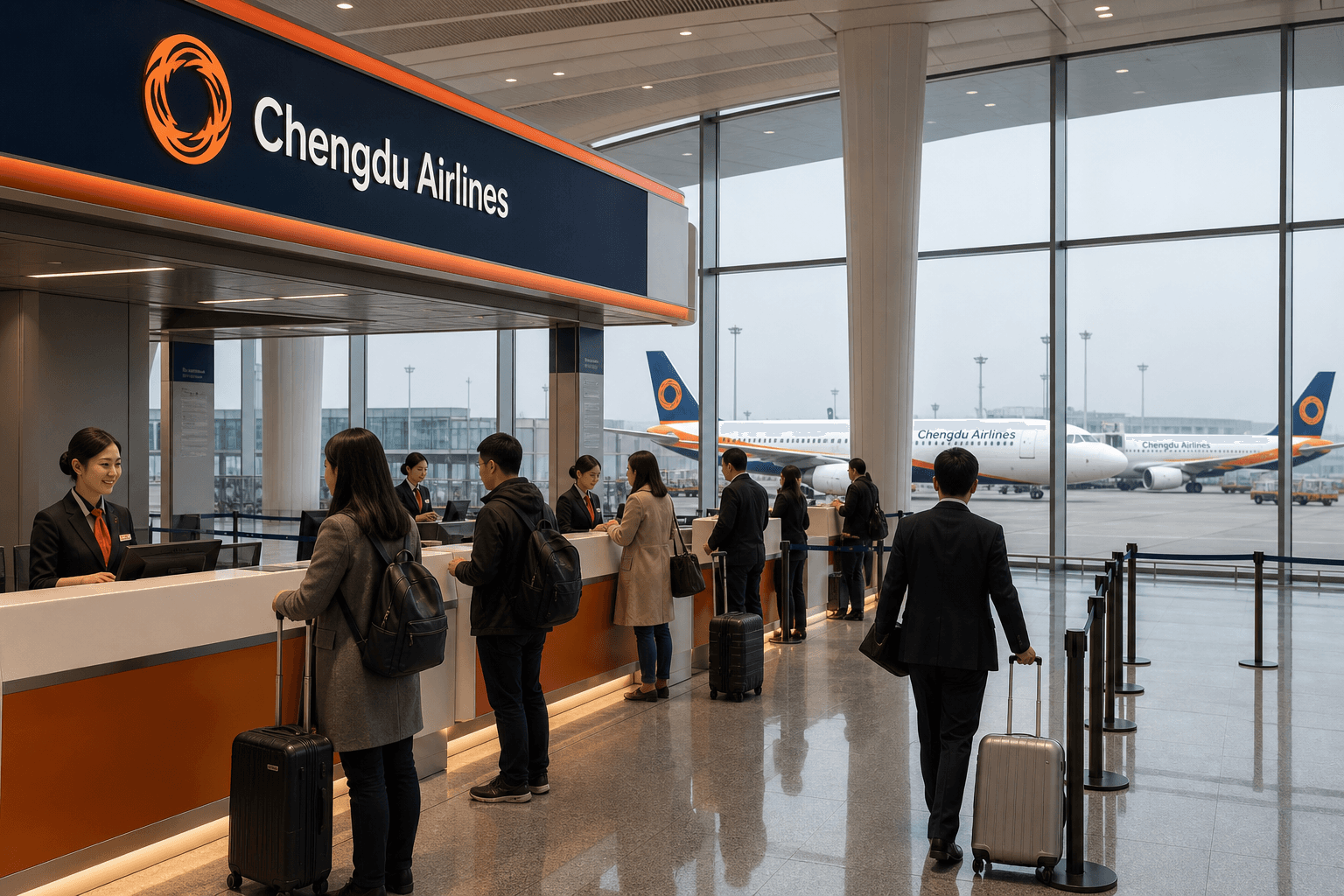 Quầy làm thủ tục và máy bay tại sân bay quốc tế