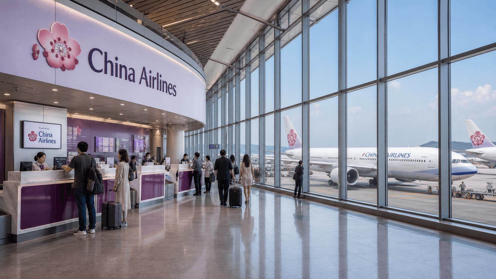 Quầy làm thủ tục và máy bay tại sân bay quốc tế