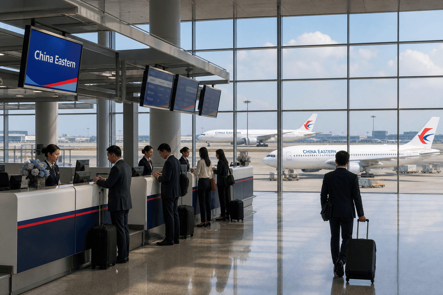 Quầy làm thủ tục và máy bay tại sân bay quốc tế