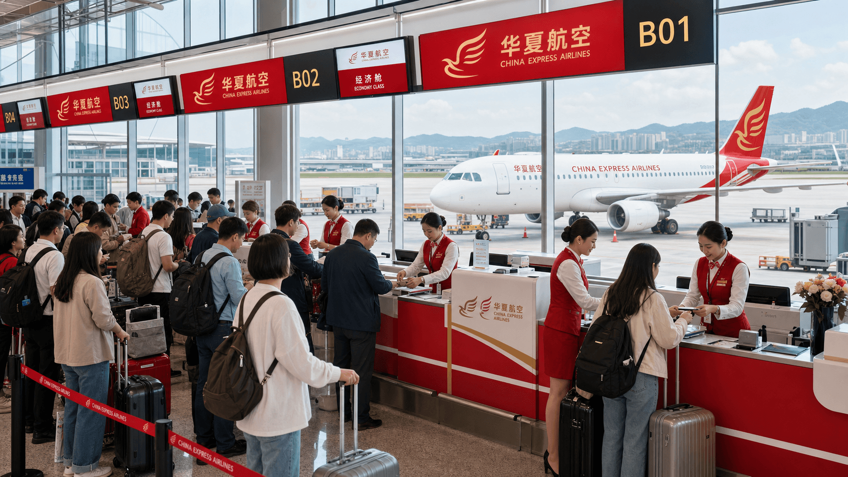 Quầy làm thủ tục và máy bay tại sân bay quốc tế