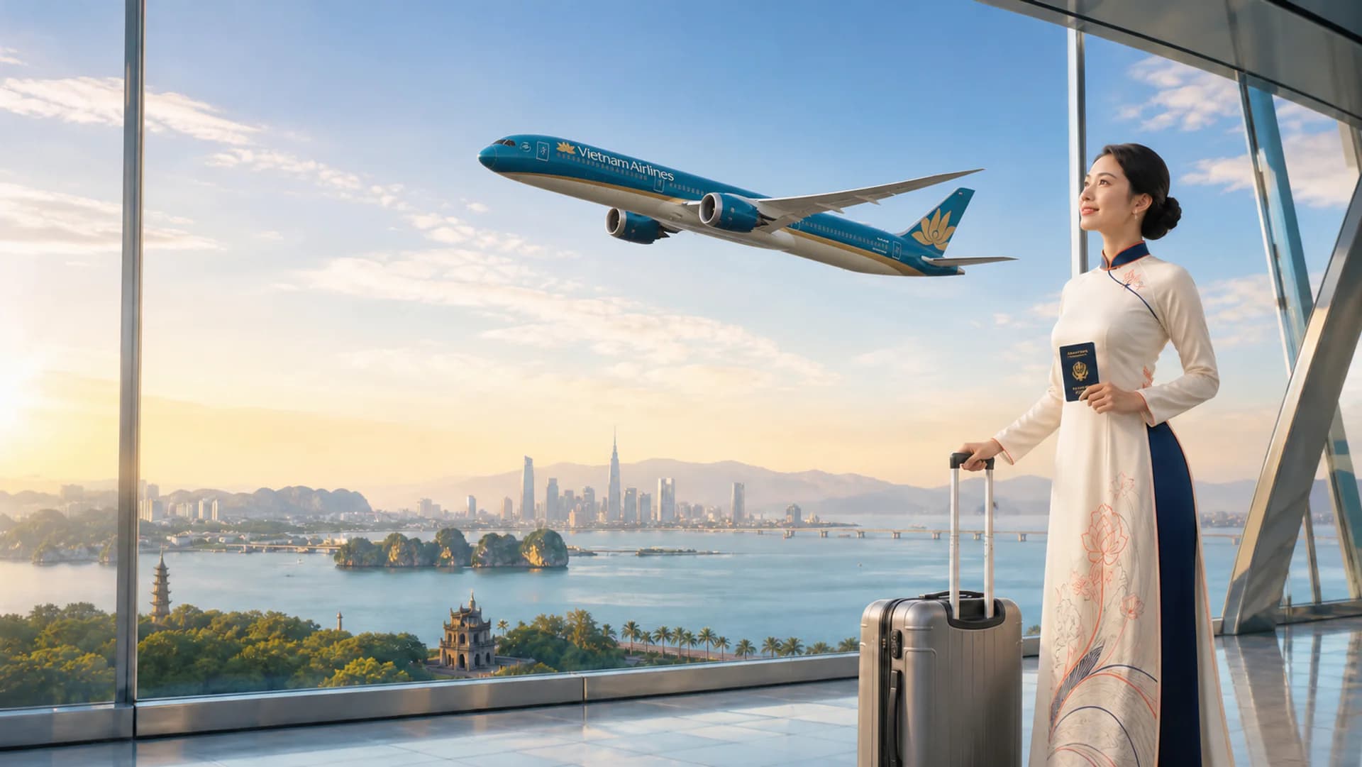 Hành khách Việt Nam tại sân bay và máy bay Vietnam Airlines đang cất cánh