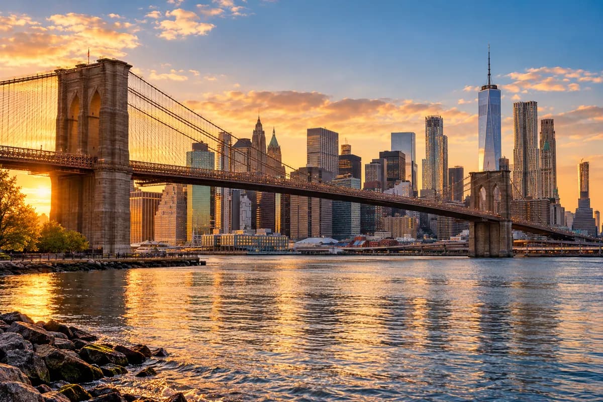 Cầu Brooklyn và đường chân trời New York lúc hoàng hôn