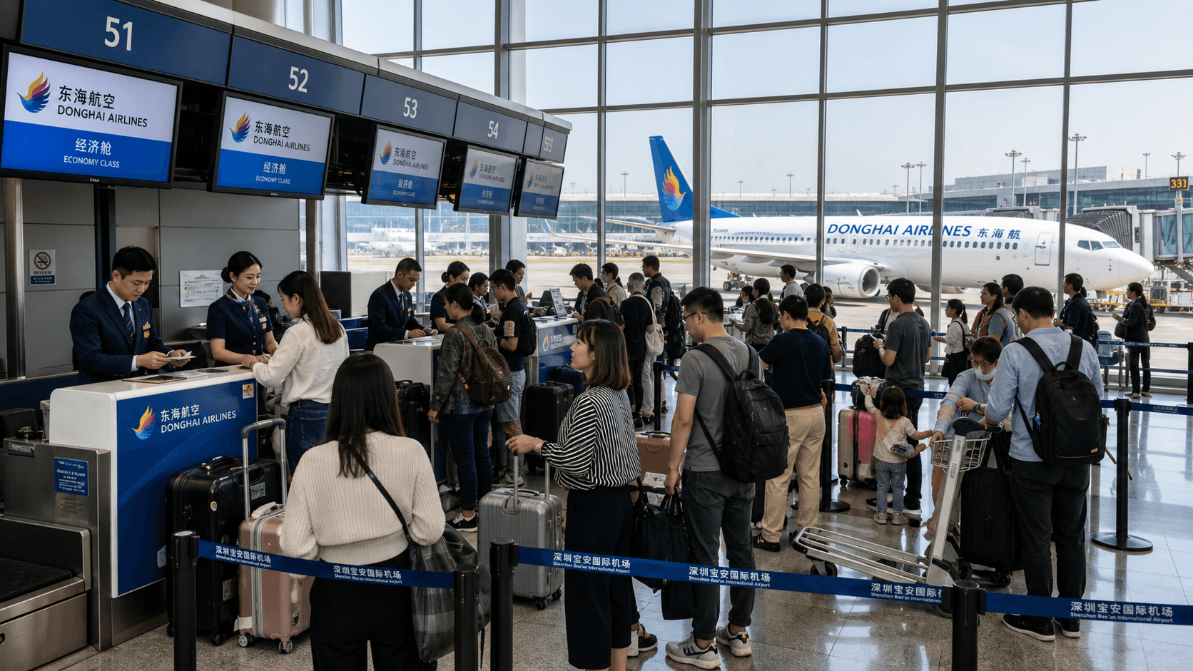 Quầy làm thủ tục và máy bay tại sân bay quốc tế