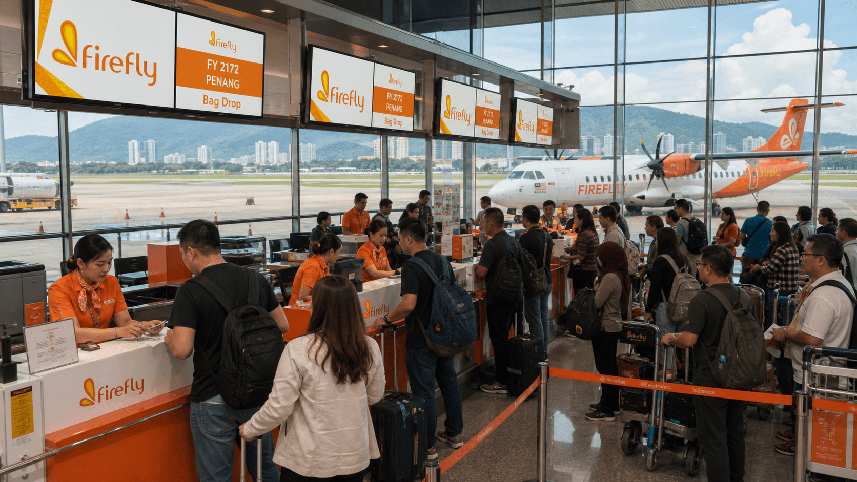 Quầy làm thủ tục và máy bay tại sân bay quốc tế
