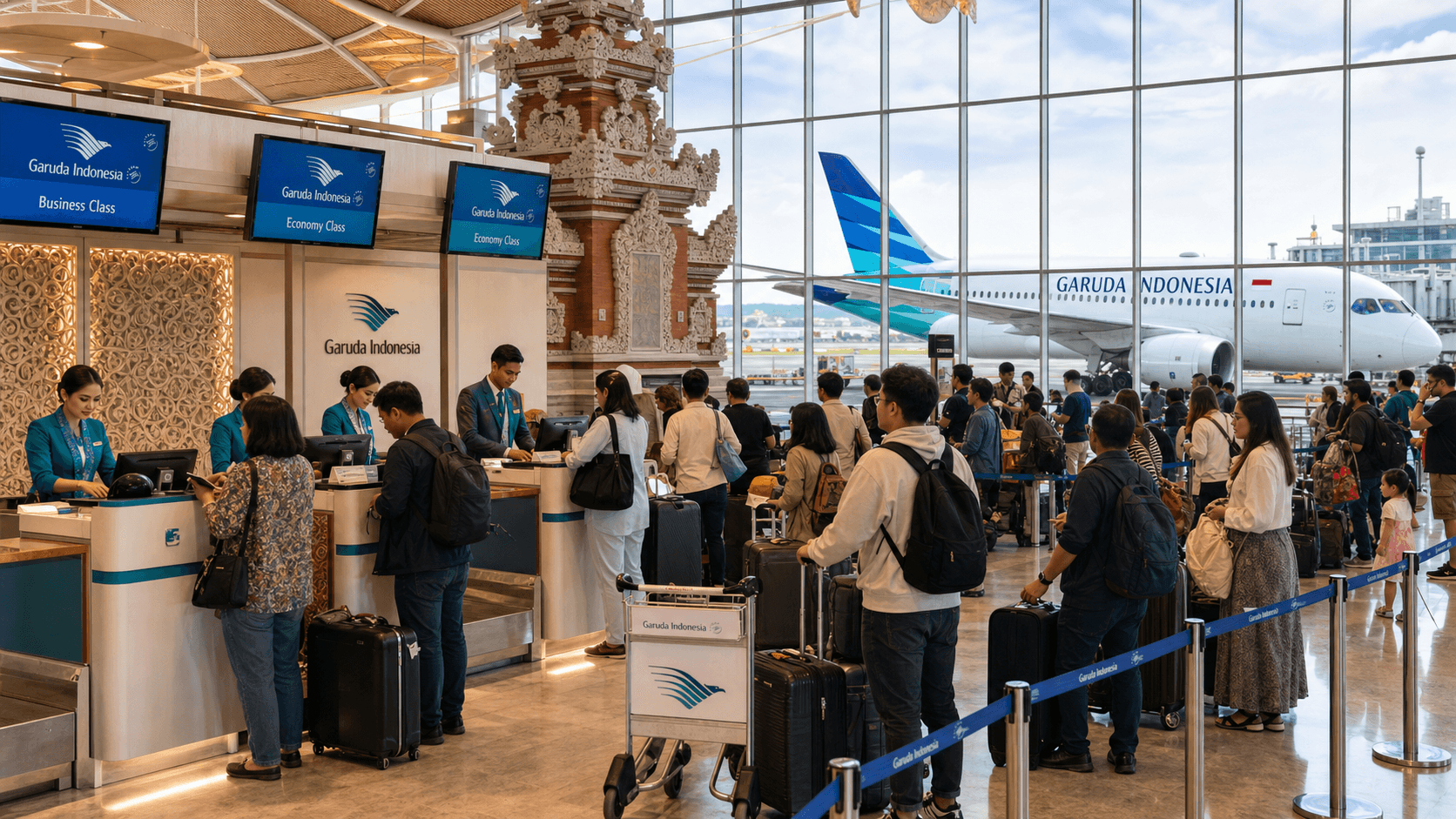Quầy làm thủ tục và máy bay tại sân bay quốc tế