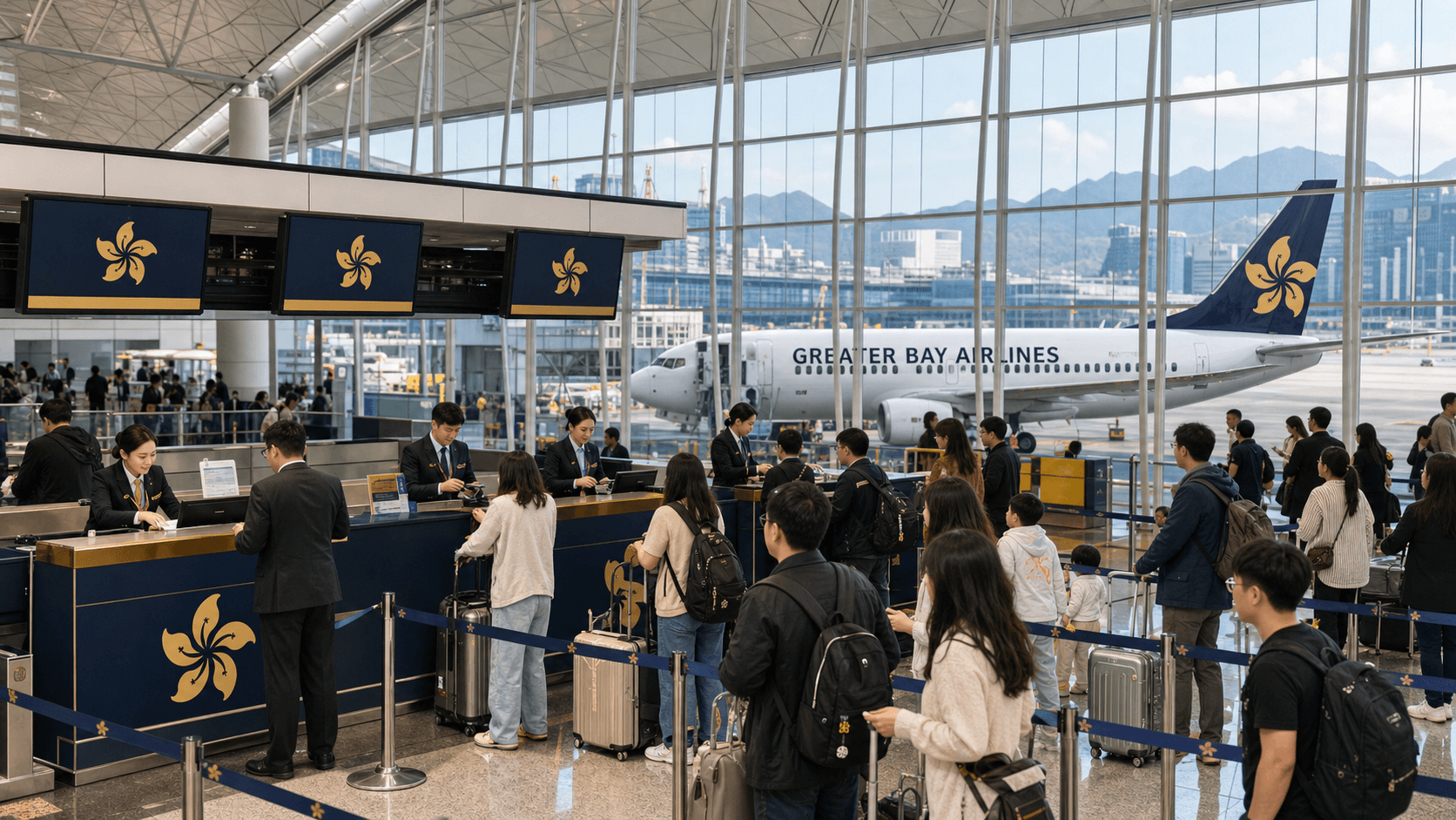 Quầy làm thủ tục và máy bay tại sân bay quốc tế
