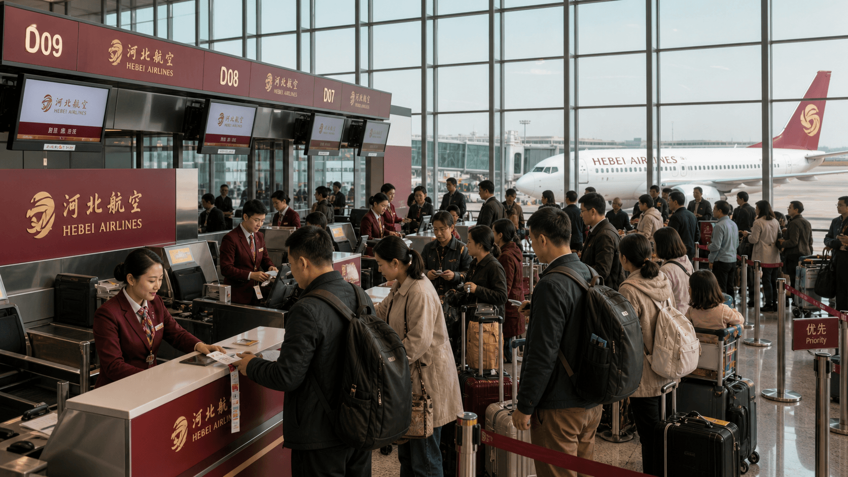 Quầy làm thủ tục và máy bay tại sân bay quốc tế