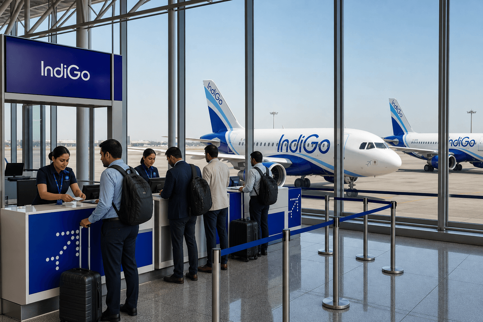 Quầy làm thủ tục và máy bay tại sân bay quốc tế