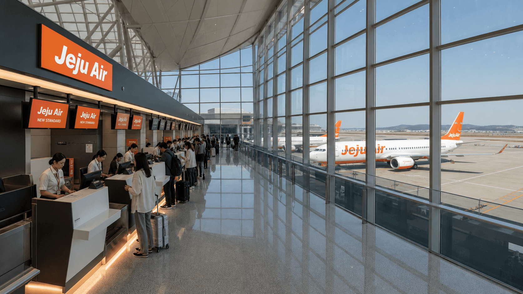 Quầy làm thủ tục và máy bay tại sân bay quốc tế