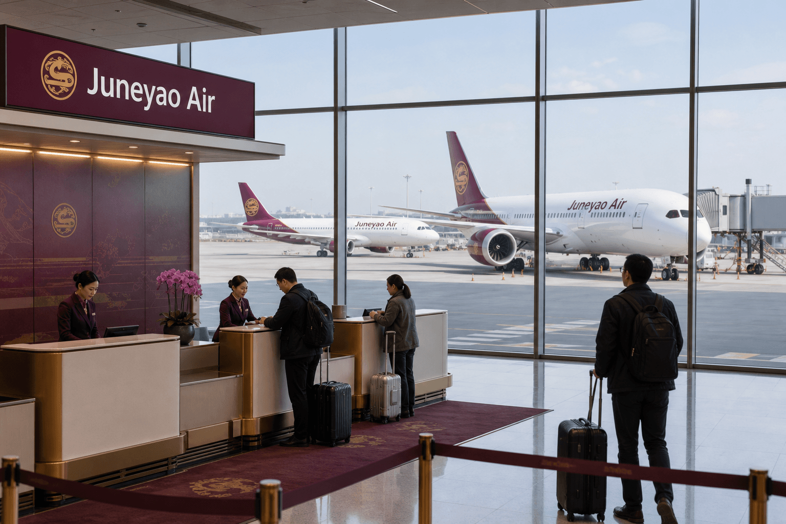 Quầy làm thủ tục và máy bay tại sân bay quốc tế