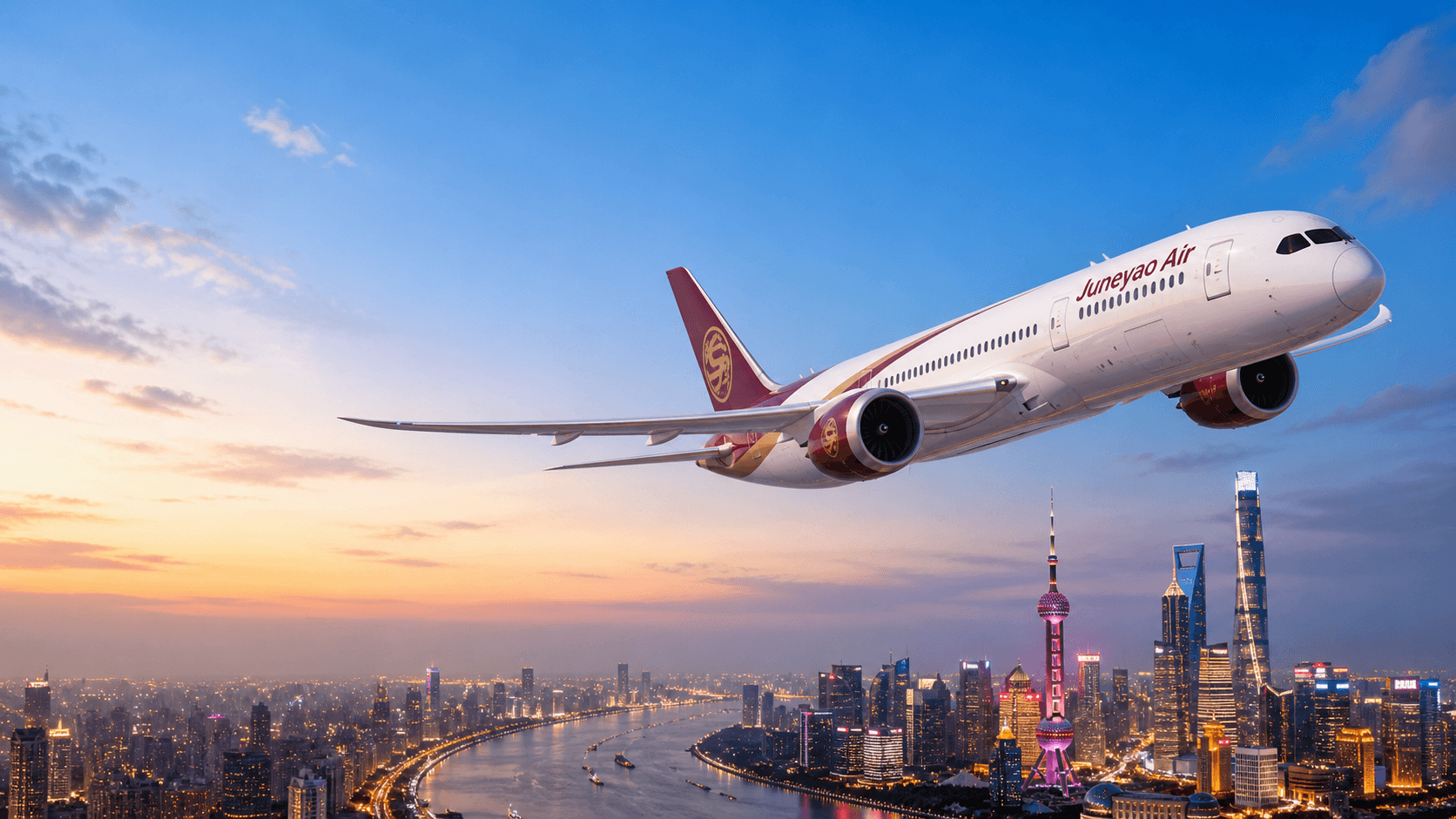 Máy bay Juneyao Air đang bay trên sông Hoàng Phố và đường chân trời Thượng Hải