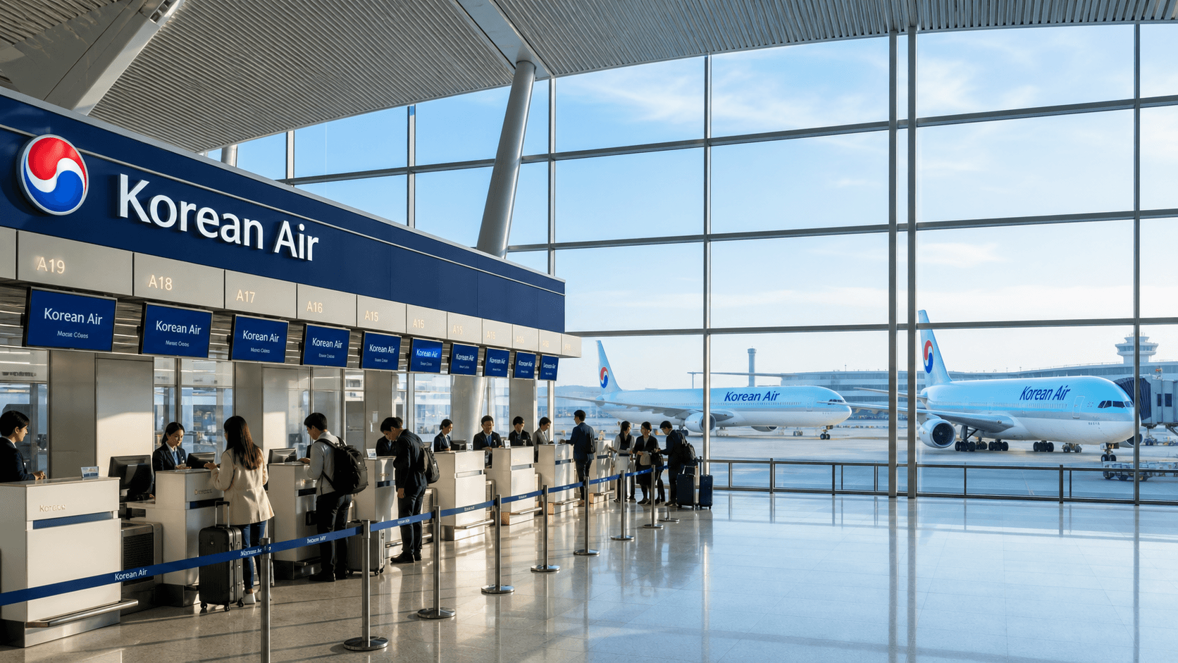 Quầy làm thủ tục và máy bay tại sân bay quốc tế