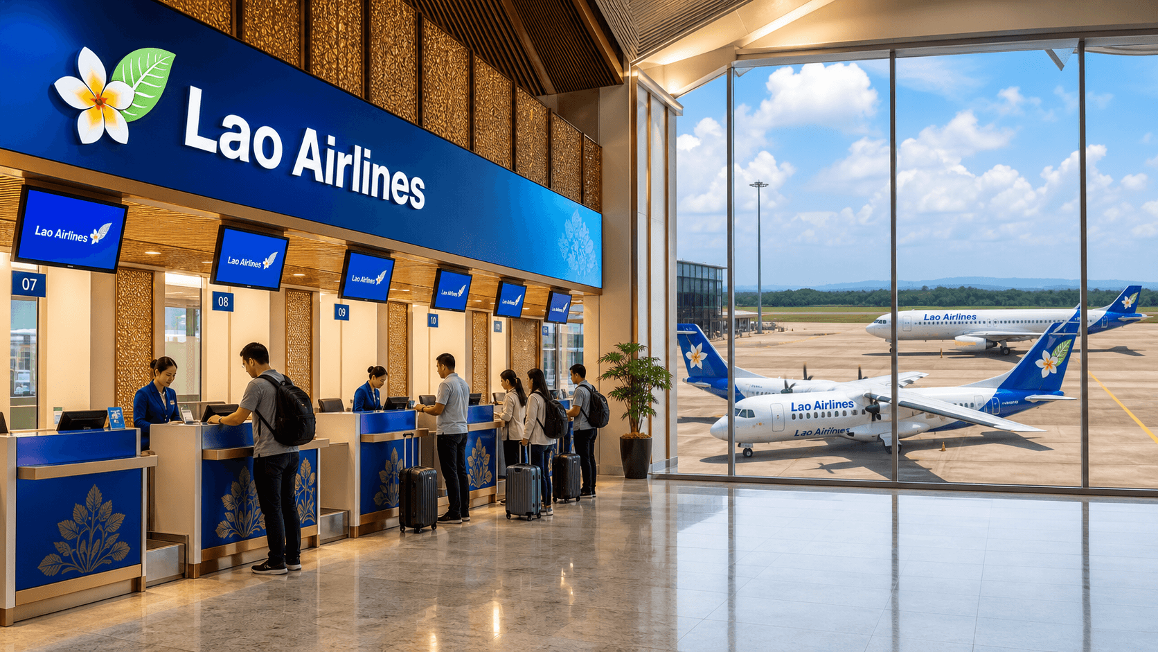 Quầy làm thủ tục và máy bay tại sân bay quốc tế
