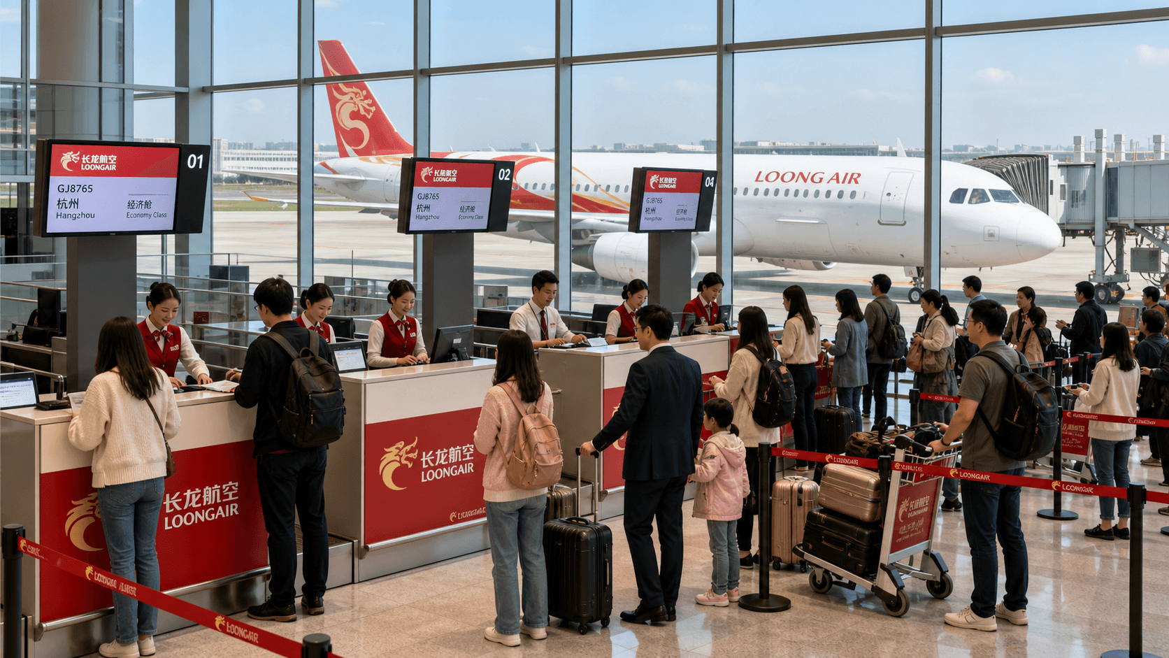 Quầy làm thủ tục và máy bay tại sân bay quốc tế