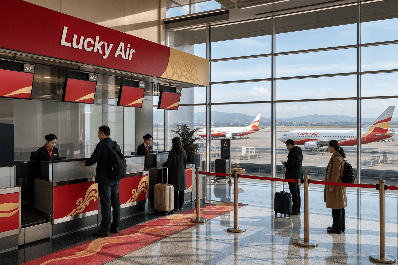 Quầy làm thủ tục và máy bay tại sân bay quốc tế