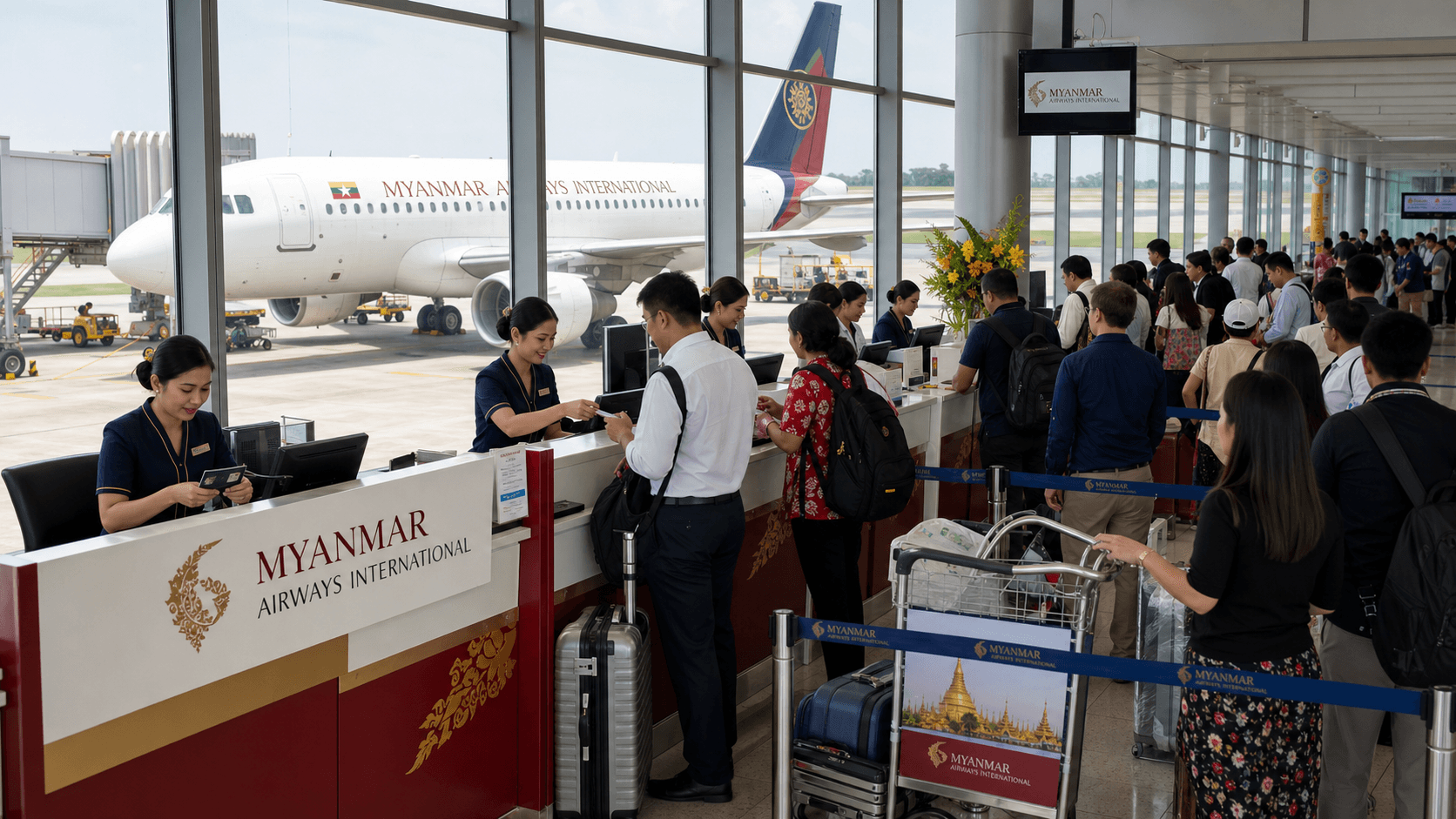Quầy làm thủ tục và máy bay tại sân bay quốc tế