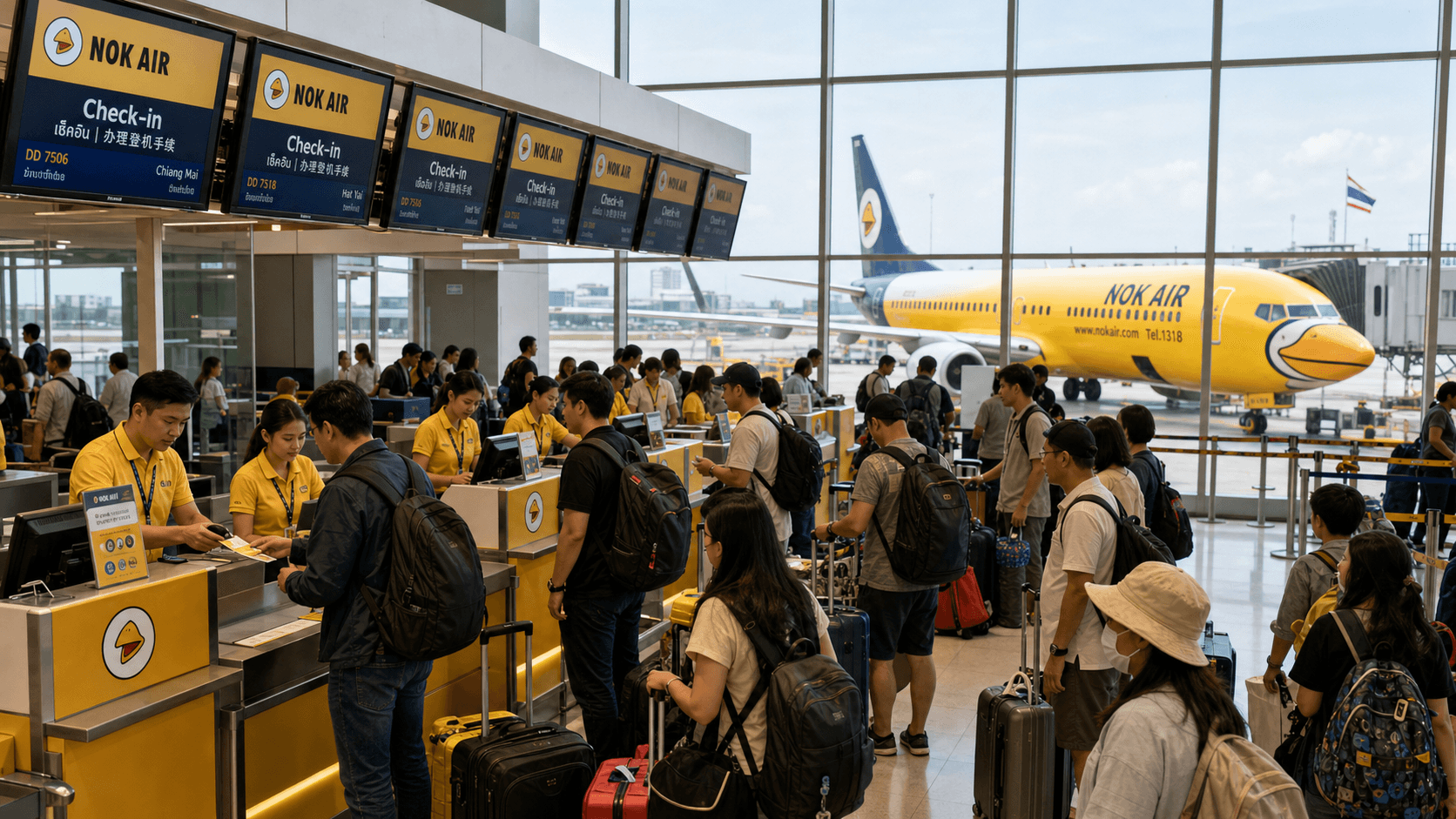 Quầy làm thủ tục và máy bay tại sân bay quốc tế