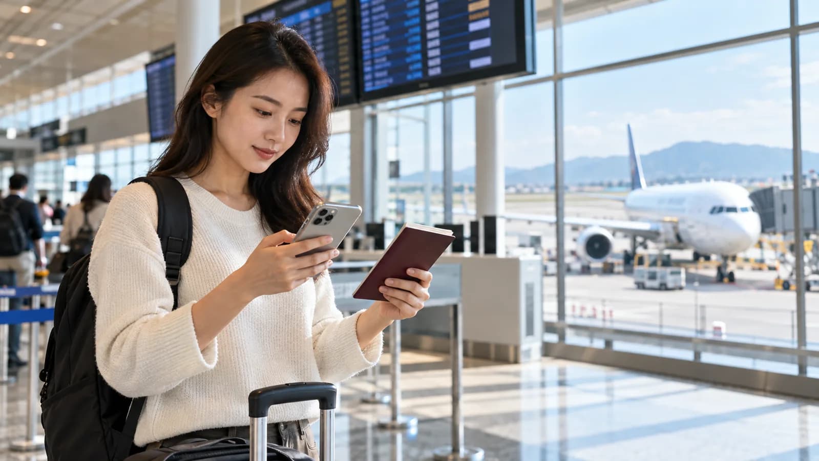 Hành khách đối chiếu hộ chiếu và hành trình tại sân bay trước khi thanh toán vé