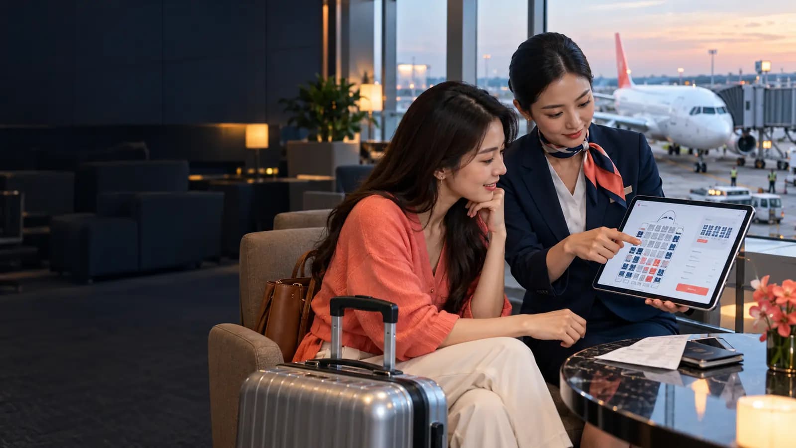 Khách và nhân viên đối chiếu sơ đồ ghế khi đổi loại máy bay, ảnh minh họa tạo bằng AI