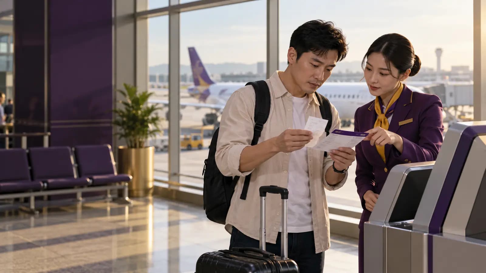 Khách kiểm tra biên nhận chọn ghế khi làm thủ tục, ảnh minh họa tạo bằng AI