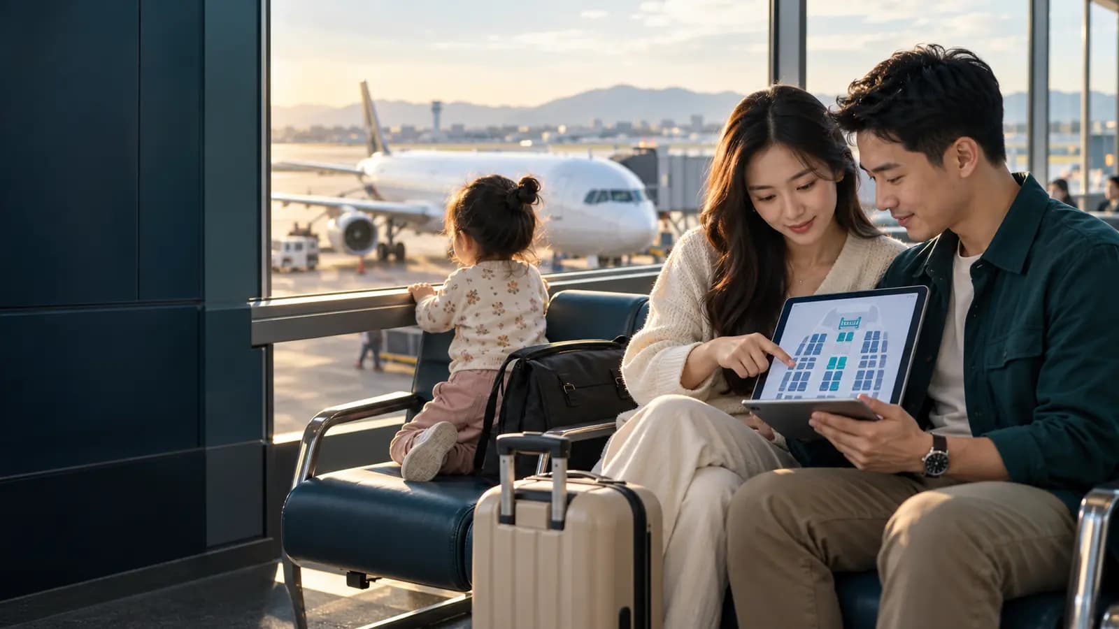 Gia đình có trẻ nhỏ kiểm tra ghế liền nhau trên sơ đồ chỗ ngồi, ảnh minh họa tạo bằng AI