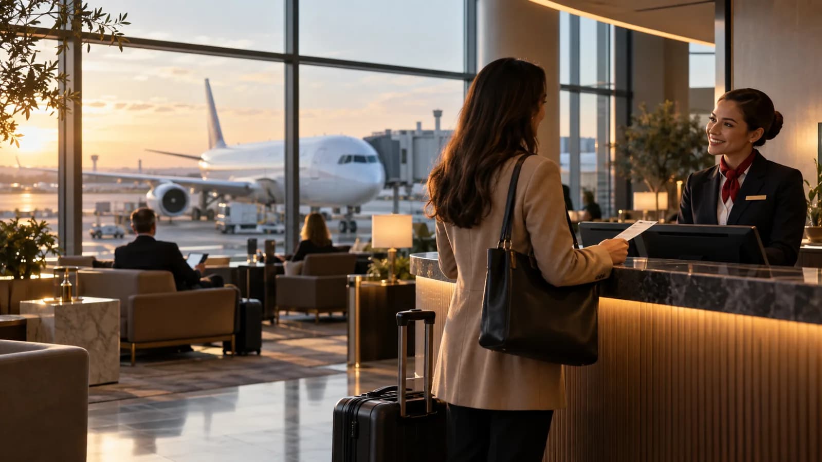 Hành khách hỏi về nâng hạng vé tại quầy dịch vụ sân bay