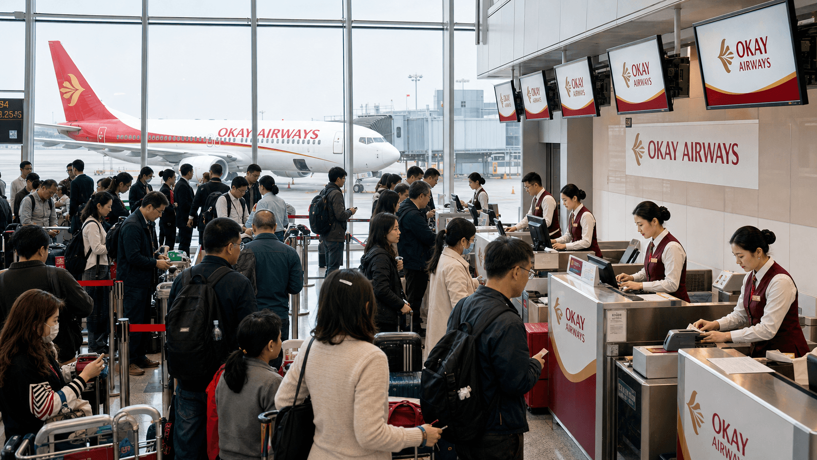 Quầy làm thủ tục và máy bay tại sân bay quốc tế
