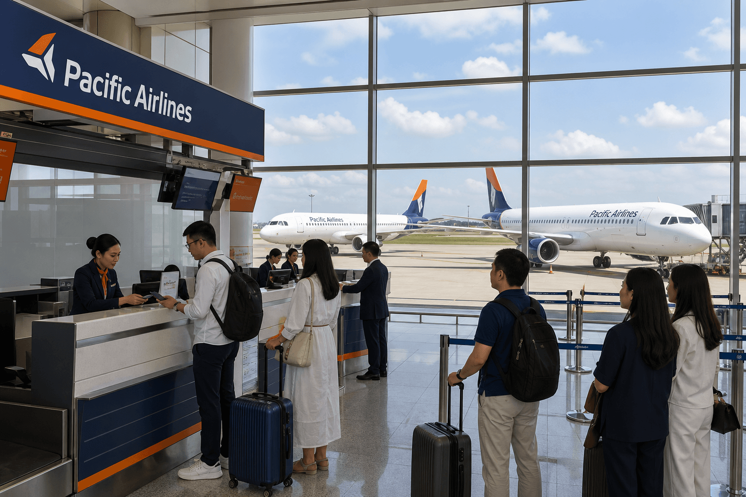 Quầy làm thủ tục và máy bay tại sân bay quốc tế