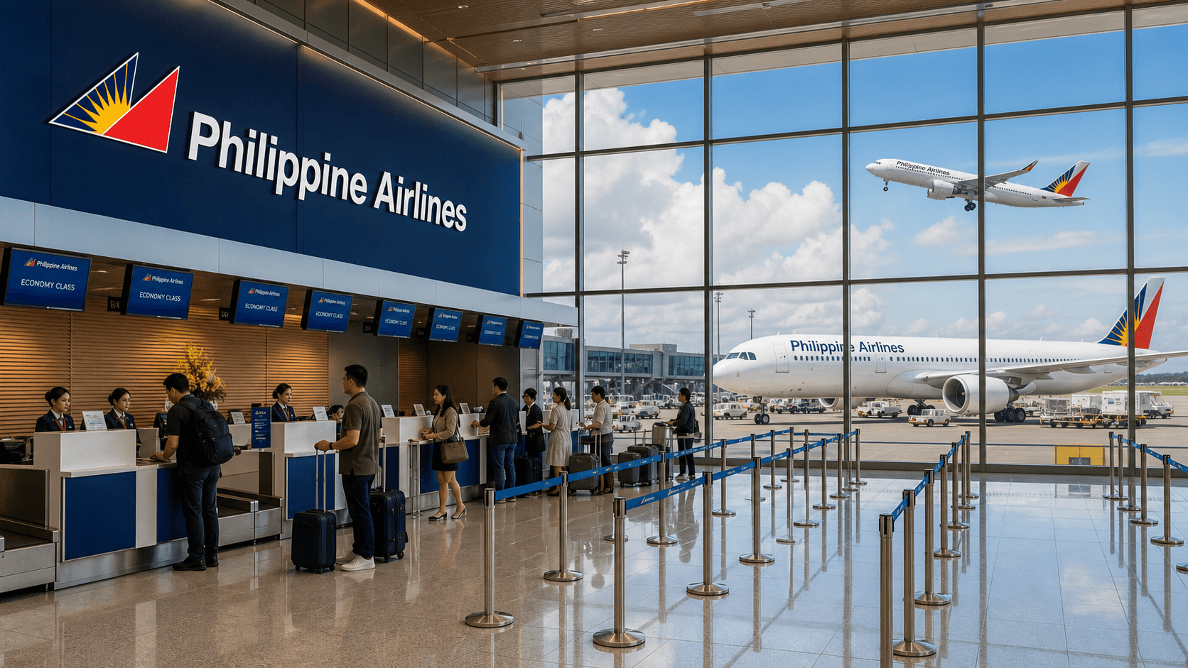 Quầy làm thủ tục và máy bay tại sân bay quốc tế