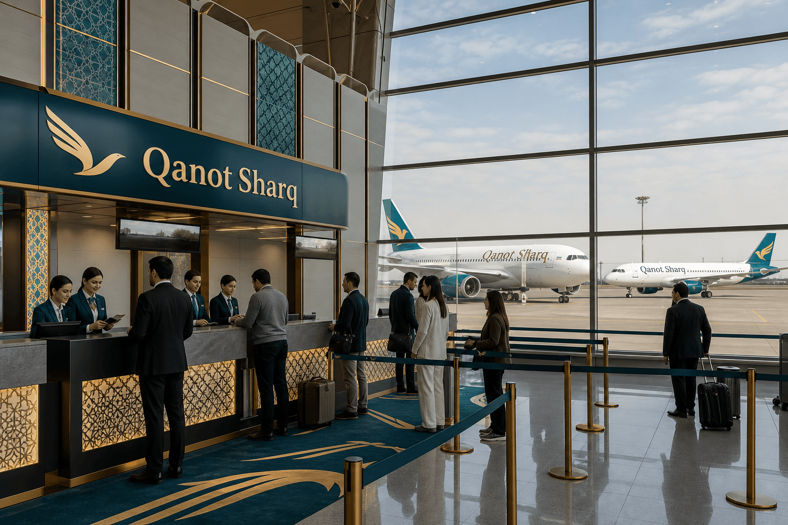 Quầy làm thủ tục và máy bay tại sân bay quốc tế
