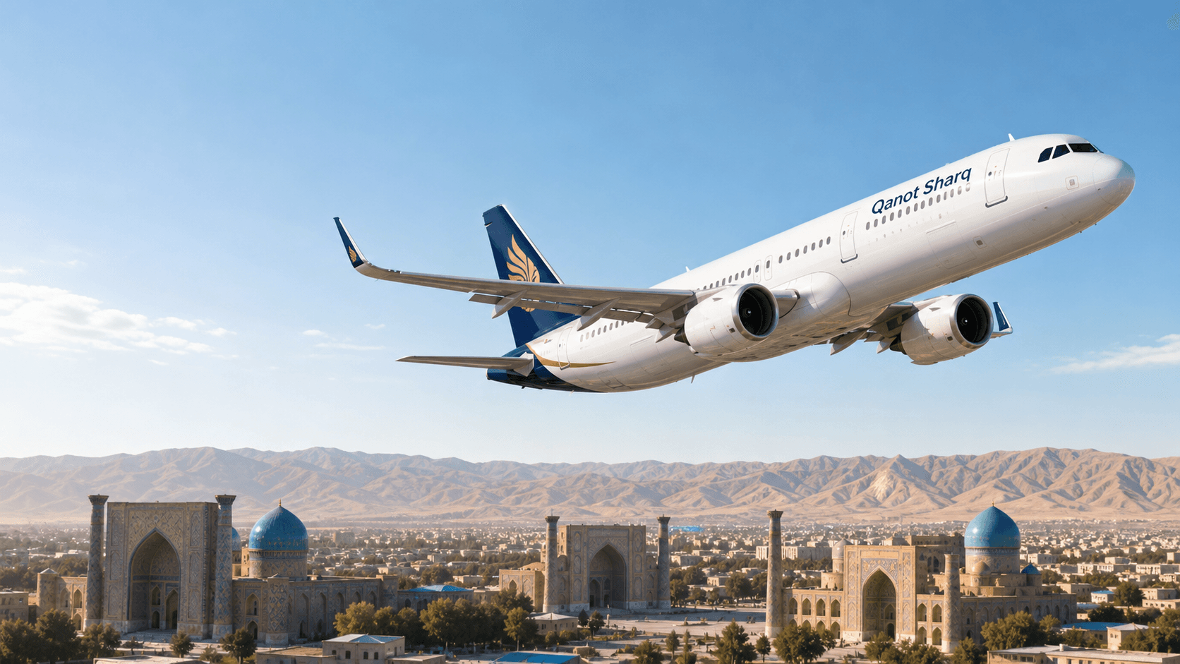 Máy bay Qanot Sharq đang bay trên quảng trường Registan ở Samarkand