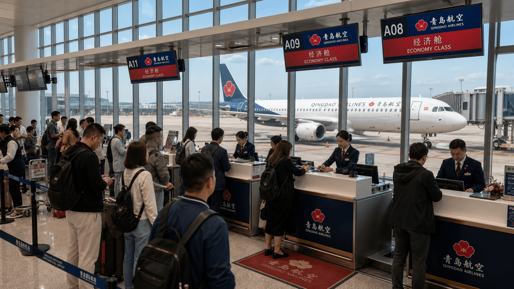Quầy làm thủ tục và máy bay tại sân bay quốc tế