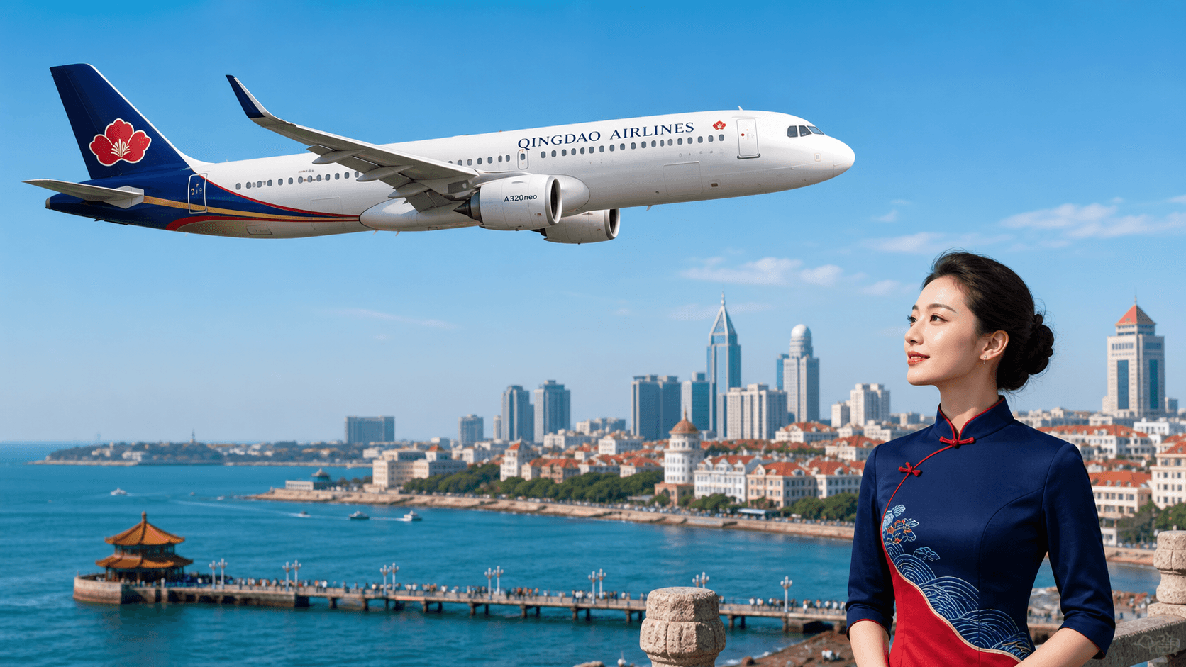 Máy bay Qingdao Airlines đang bay gần Thanh Đảo