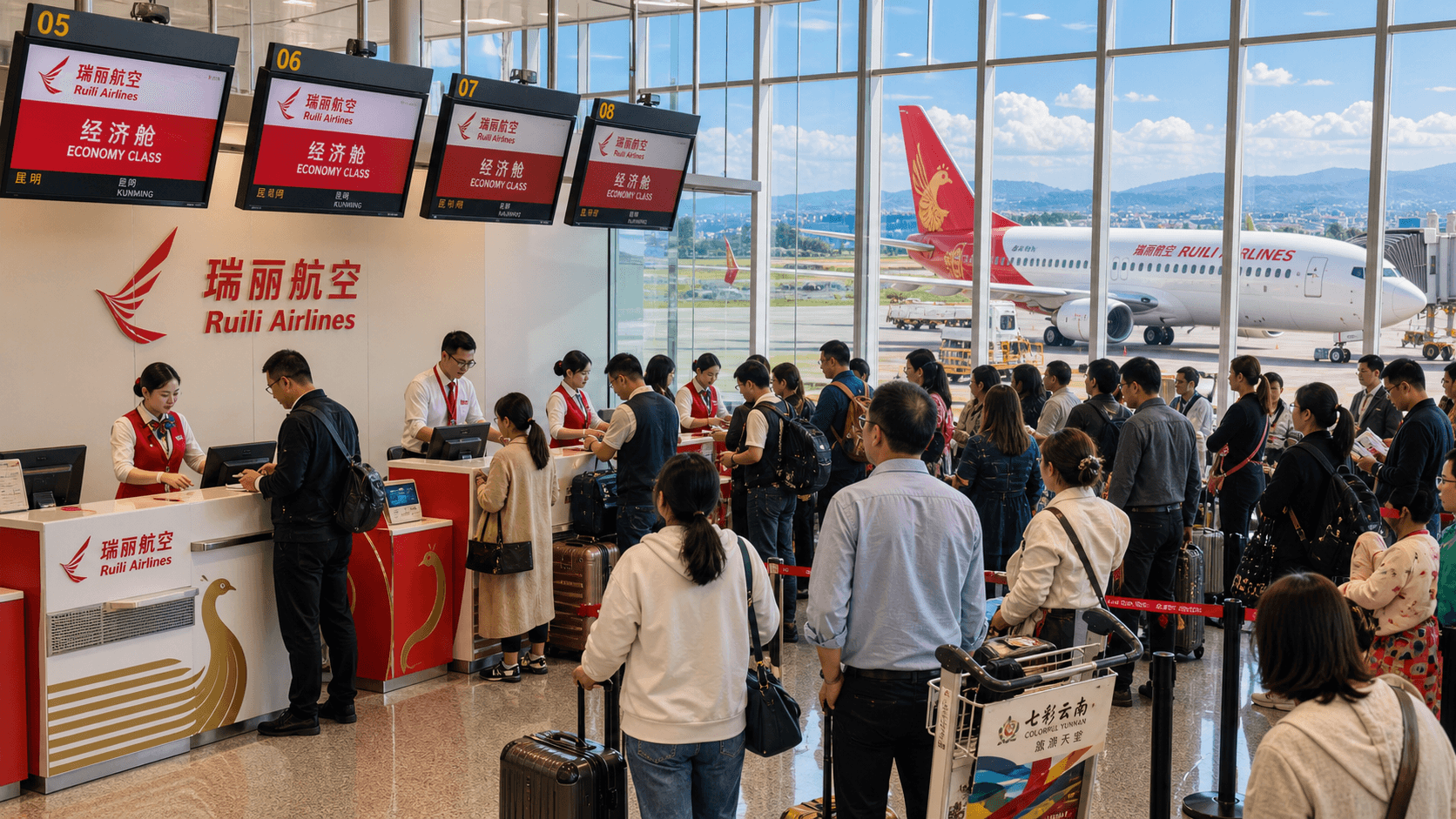 Quầy làm thủ tục và máy bay tại sân bay quốc tế