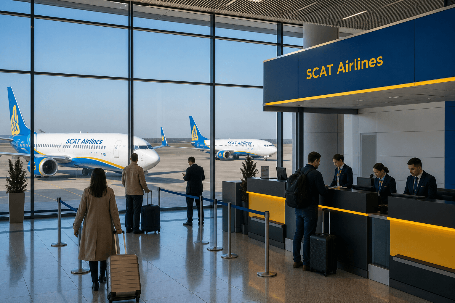 Quầy làm thủ tục và máy bay tại sân bay quốc tế