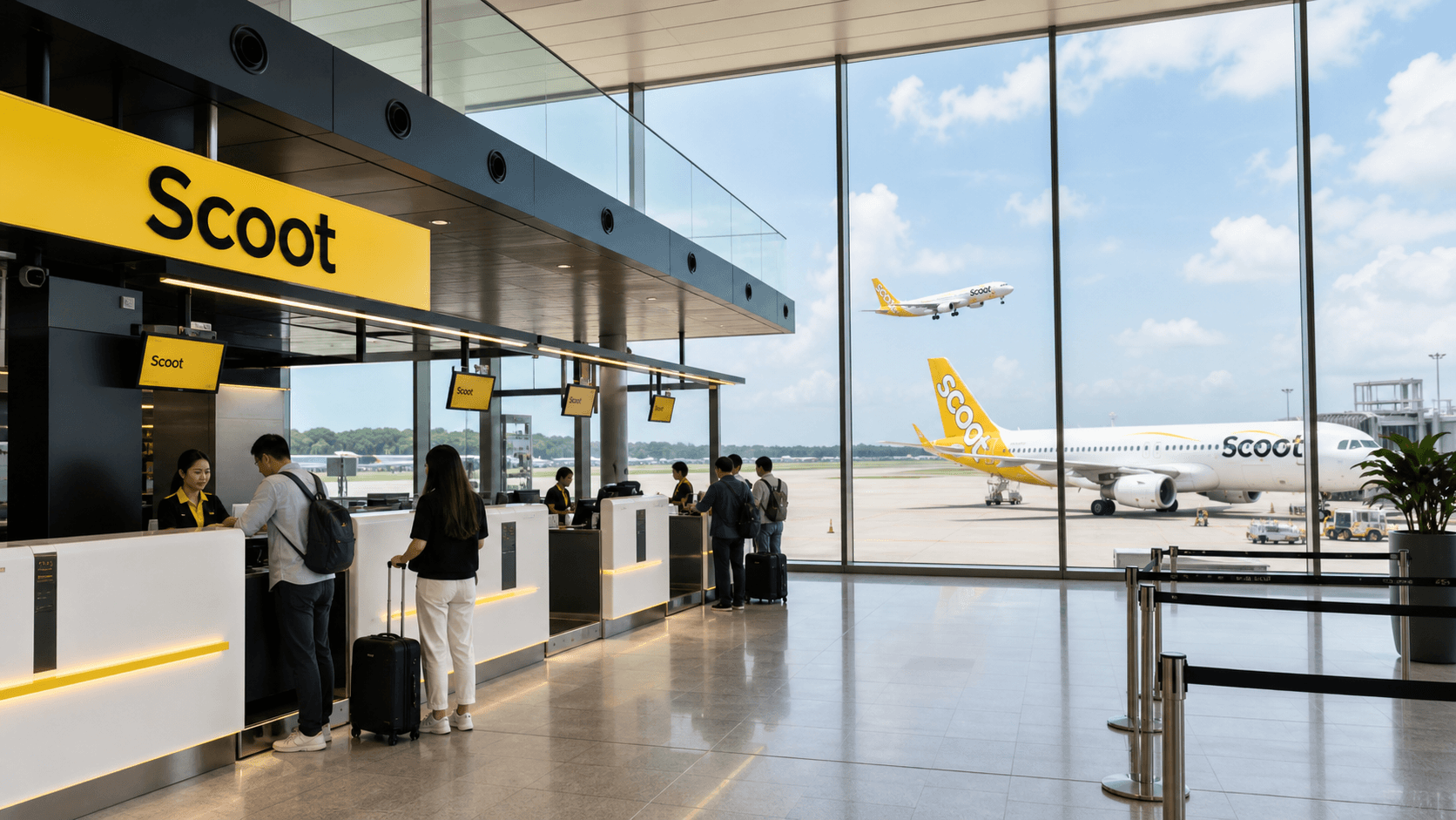 Quầy làm thủ tục và máy bay tại sân bay quốc tế