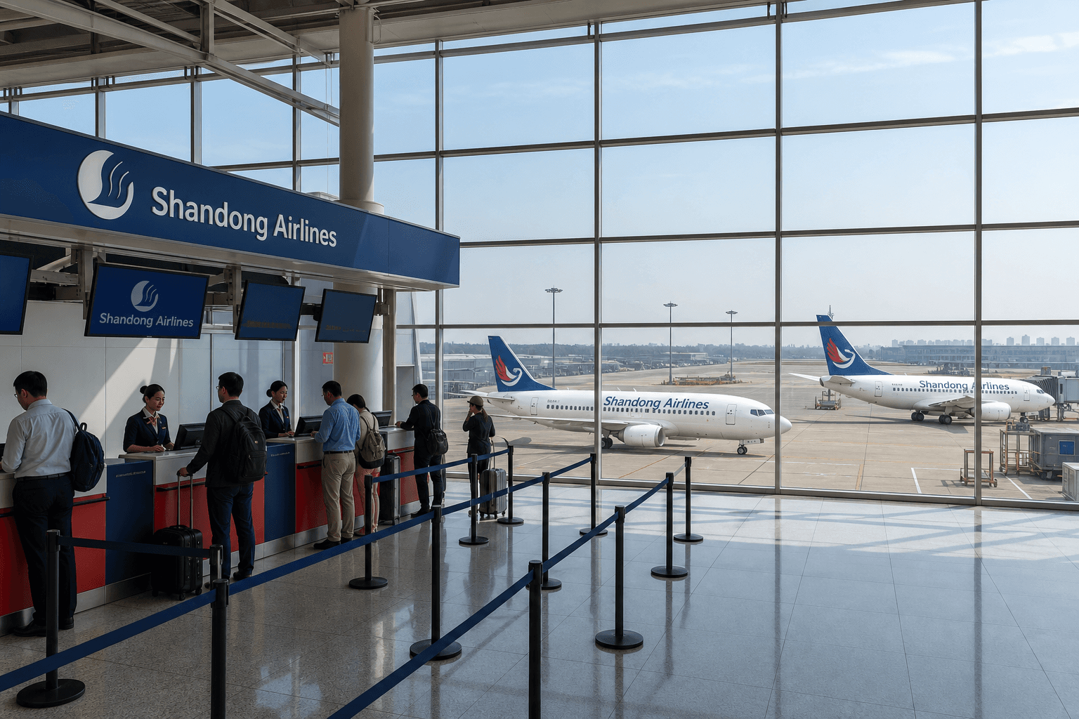 Quầy làm thủ tục và máy bay tại sân bay quốc tế
