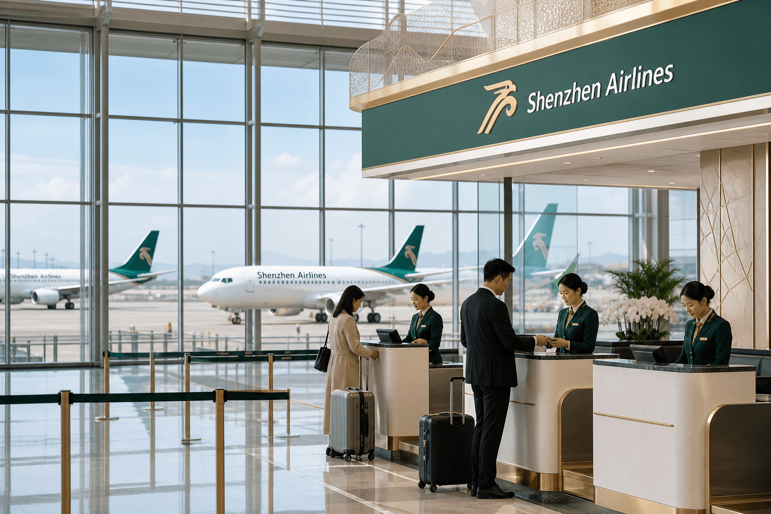 Quầy làm thủ tục và máy bay tại sân bay quốc tế