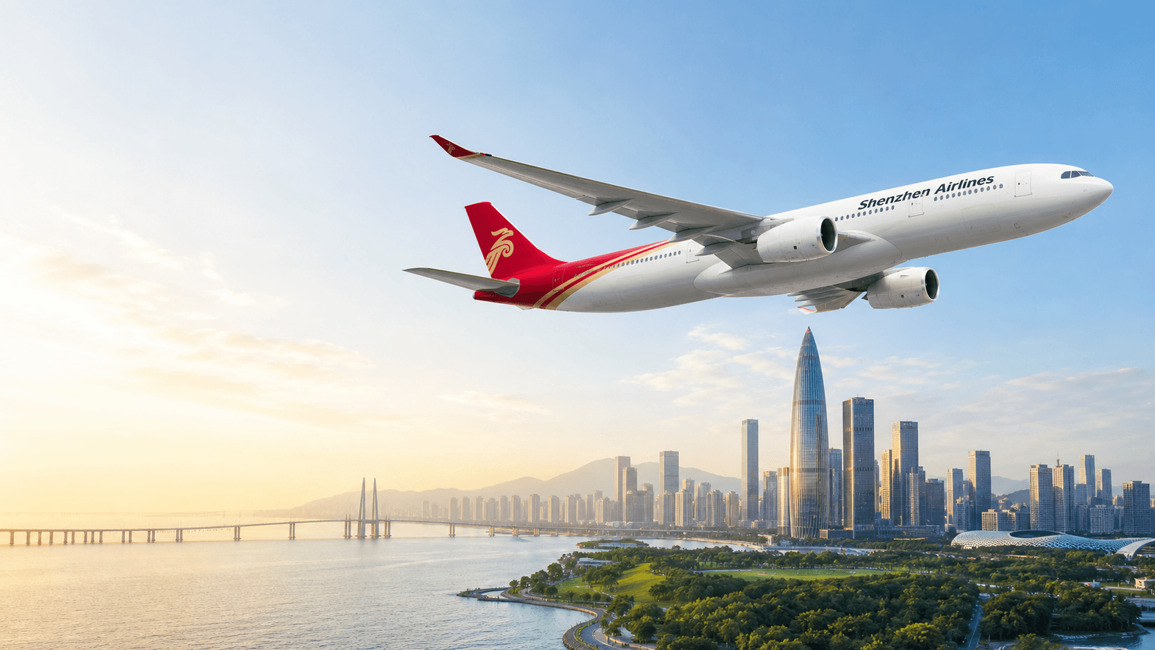 Máy bay Shenzhen Airlines đang bay trên vịnh và trung tâm Thâm Quyến